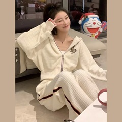 早春新款时尚懒人套装女拉链连帽卫衣女宽松休闲阔腿裤显瘦两件套