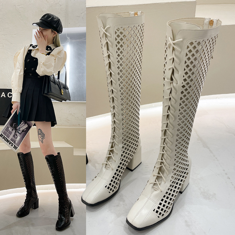 Women's Summer Internet Popular Hollow-out Boots with Heel Roman Sandals Thick Heel High Internet Boots Summer Sandals for Women