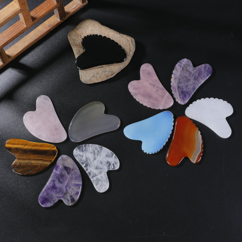 跨境天然玉石齿形刮痧板 心型水晶刮痧板眼部按摩脸部美容刮痧片