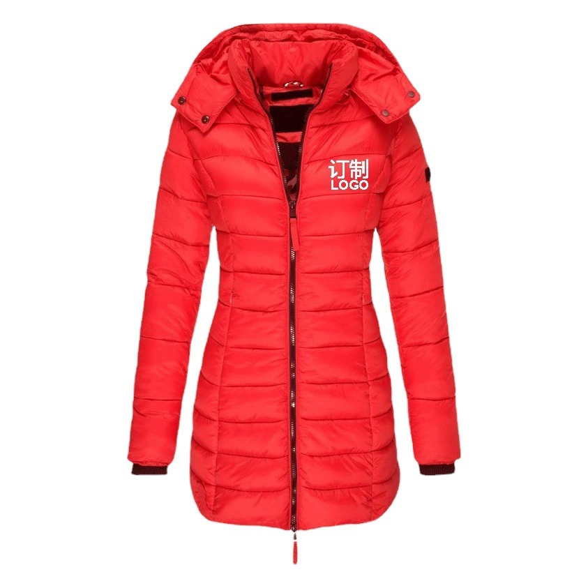 Можно напечатать печать логотипа Европейского кода, трансграничная зимняя женская хлопковая одежда, куртка длинной тонкой теплой однотонной с капюшоном