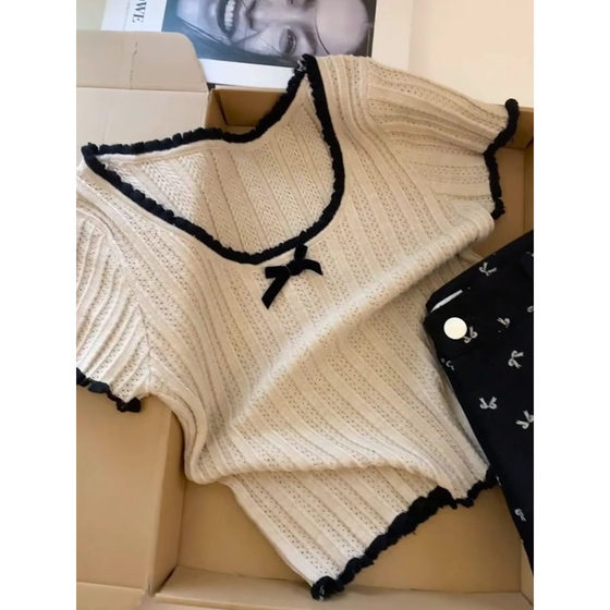 French Style Chanel Style Short-sleeved Top Spring and Summer New Lace-up Korean Style Bow All-match Short Sweater Women's Clothing