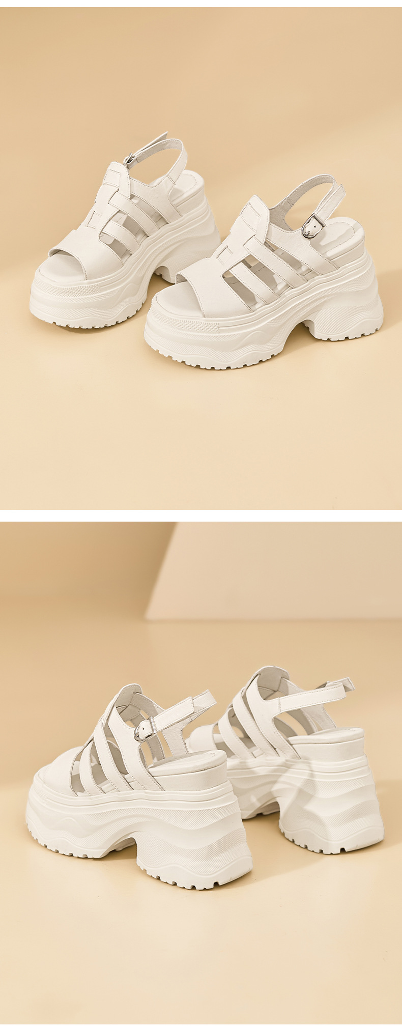 Sandal cao gót nữ da thật mũi hở gót platform 12cm — màu đen, màu trắng ngà chi tiết 12