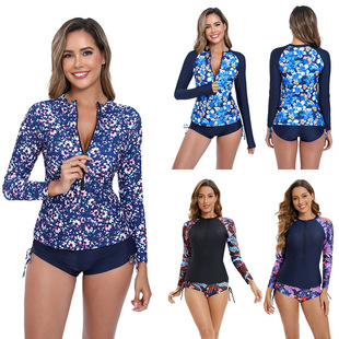 [European and American New Sports Swimsuit Women] Printed Multicolor Long Sleeve Zipper Drawstring Shorts Conservative suit Swimsuit