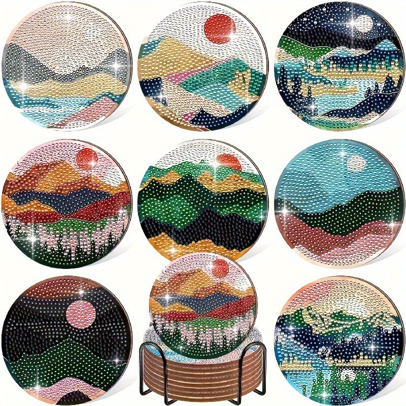 Ventas transfronterizas calientes de 8 piezas de conjunto de cojín de taza de arte de diamante, con soporte, pequeño conjunto de pintura de diamante, adecuado para adultos