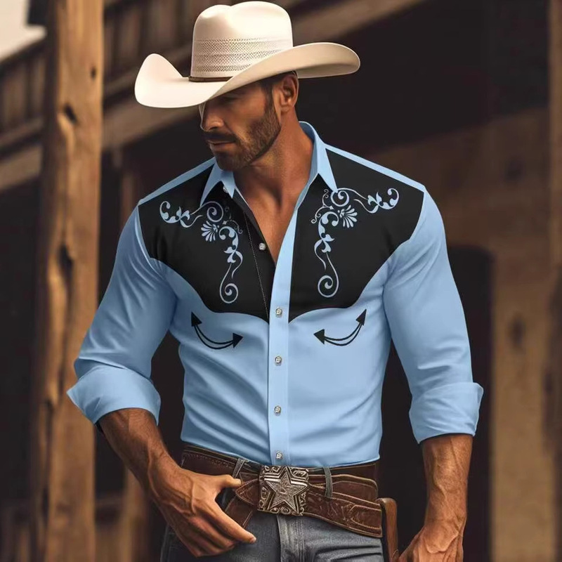 Cross-Border Western Party Four-Way Stretch Denim Men's Shirt Spring and Autumn Aztec Print Men's Long Sleeve Shirt