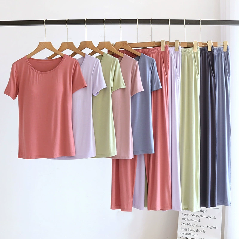Летний модальный костюм с нагрудной подкладкой, костюм для домашней одежды, женские брюки с короткими рукавами, пижама, тонкая однотонная Повседневная Верхняя одежда