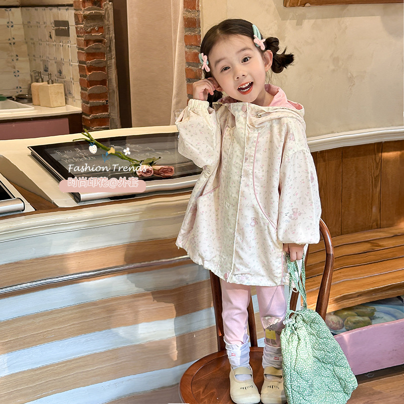 XIE 골든 리트리버 소녀 자켓 가을 의류 2024 새로운 스타일 유행 후드 가디건 탑 아동 자켓 가을