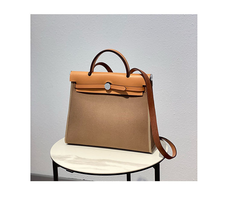 手作りherbag外縫い本革キャリーバッグ色合わせキャンバス手提げシングルショルダー女性バッグ大容量通勤バッグ