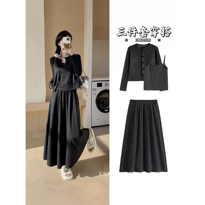 Skirt Style Glutinous Rice Three-Piece Set Early Autumn Korean Style Cardigan Suspender High Waist Long Skirt Large Size Casual Fashion Suit