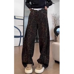 大码豹纹高街牛仔裤女2025春季新款洋气高腰显瘦直筒休闲阔腿长裤