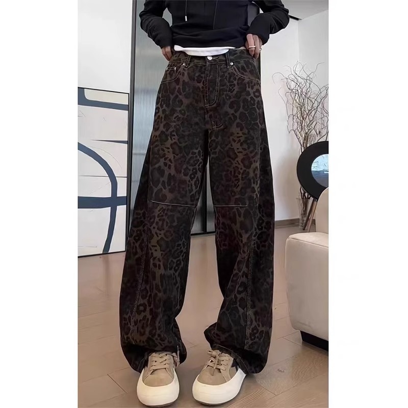 大码豹纹高街牛仔裤女2025春季新款洋气高腰显瘦直筒休闲阔腿长裤|undefined