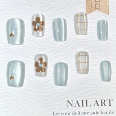 2025年新款藍色貓眼春日穿戴甲花朵愛心格紋小清新美甲貼片