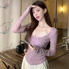 甜酷辣妹假两件蕾丝拼接长袖针织衫早秋季修身显瘦内搭打底衫女装