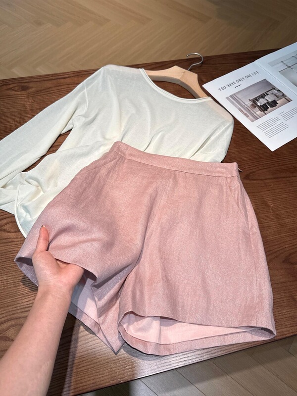 Pink Shimmering Linen Shorts for Women, New Summer Style, Old Money Style, High-End, Lazy, Casual, Loose Wide-Leg Pants Pink Shimmering Linen Shorts for Women, New Summer Style, Old Money Style, High-End, Lazy, Casual, Loose Wide-Leg Pants