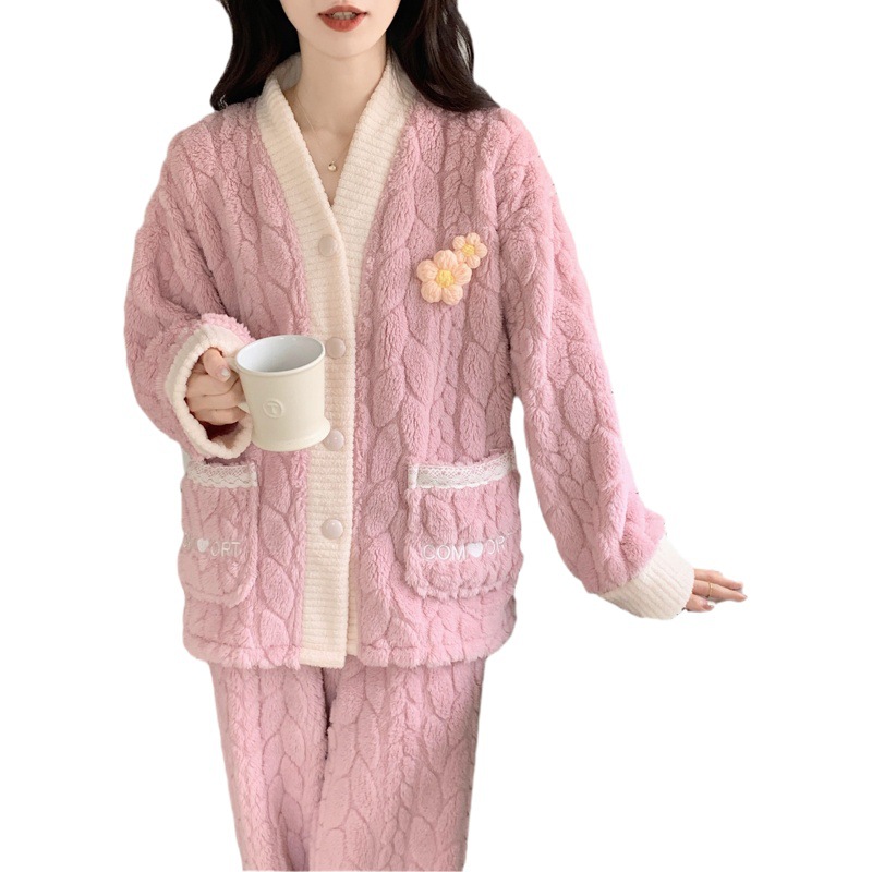 Invierno nuevo coral fleece pijamas para las mujeres de lana forrada engrosada caliente simple dulce niña franela desgaste del hogar traje