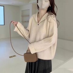 2025春秋新款韩版宽松V领套头毛衣女慵懒针织衫百搭设计感毛衫