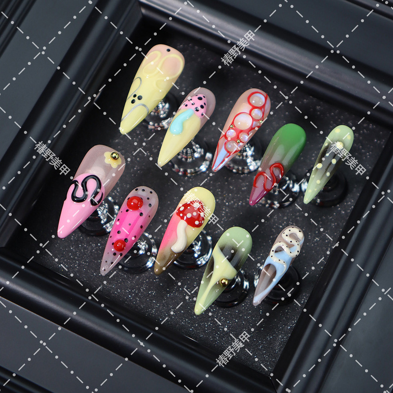 Mushroom Snake Pattern Bubble Nail Art, Sweet and Cool Childlike Style, Niche Design, Long Detachable Nail Stickers Mushroom Snake Pattern Bubble Nail Art, Sweet and Cool Childlike Style, Niche Design, Long Detachable Nail Stickers