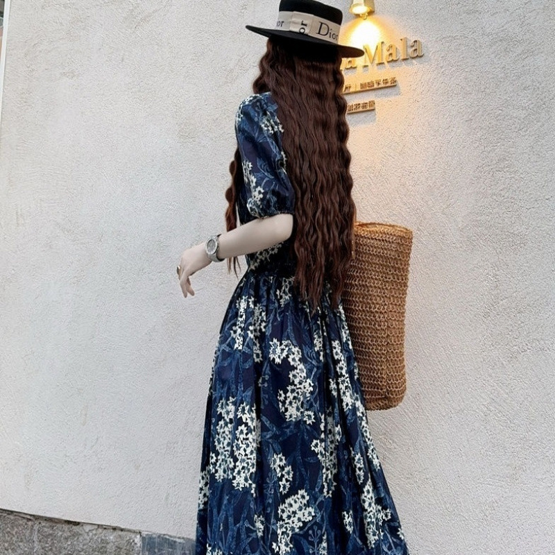 フレンチレトロな気質のスカート、スリムな夏のロングスカート、新しいウエストスクエアカラーの大きいサイズの花柄ドレス|undefined