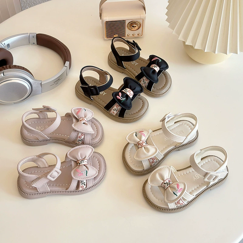 Детская принцесса в китайском стиле сандалии 2025 для девочек лето новая модная вышитая бант пляжная обувь