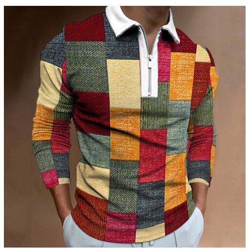 New Men's European and American Cross-Border Aliexpress Men's Zipper Casual Men's Digital Stripes Printed Long-Sleeved Polo New Men's European and American Cross-Border Aliexpress Men's Zipper Casual Men's Digital Stripes Printed Long-Sleeved Polo