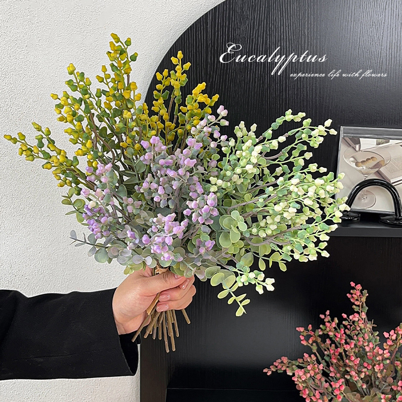 Simulación de estilo nórdico de fruta de eucalio de dinero ramas de flores falsas flores decoración de la mesa de comedor decoración
