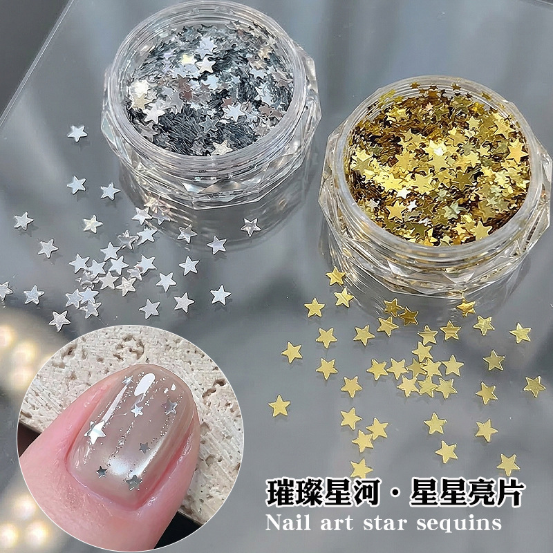 Sweet and Cool Style Silver Star Sequin Nail Art Decorations, Super Shiny Japanese Style Mixed Size Five-Pointed Star Wearable Nail Accessories