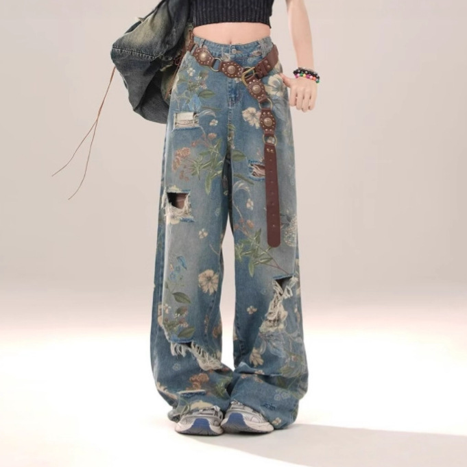 跨境美式街头印花阔腿牛仔裤宽松百搭设计感拖地直筒裤子|undefined