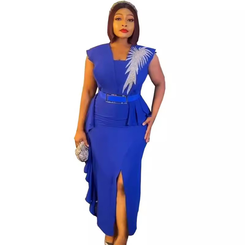 Special Offer African Women's Slim-Fit Slit Pencil Dress with Rhinestone Ruffles Fashion Faux Two-Piece Sleeveless Dress