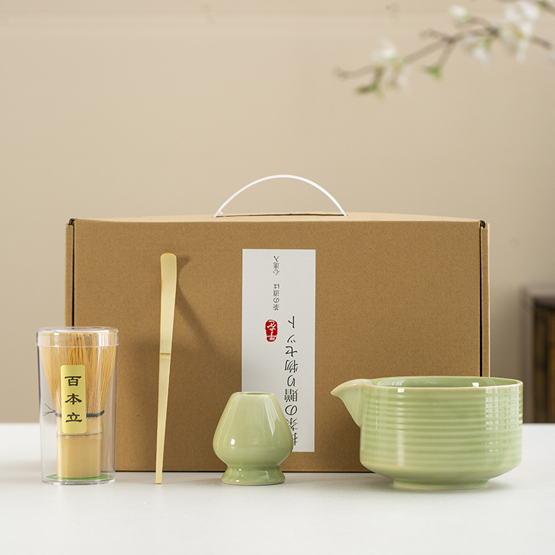 Juego de cuatro piezas de ceremonia del té de matcha, jaula de té de Baiben, tazón de té de pie, juego completo de combinación japonesa, té de punto, accesorios de jaula de té