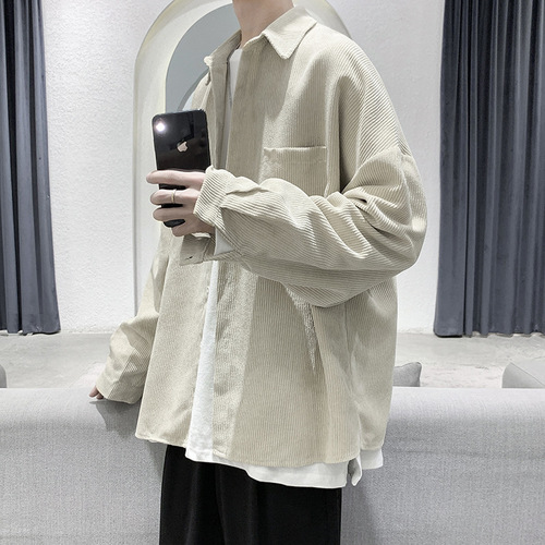Corduroy shirt for men, Korean style fashionable handsome long-sleeved shirt, Hong Kong style, Japanese autumn top, ins all-match coat