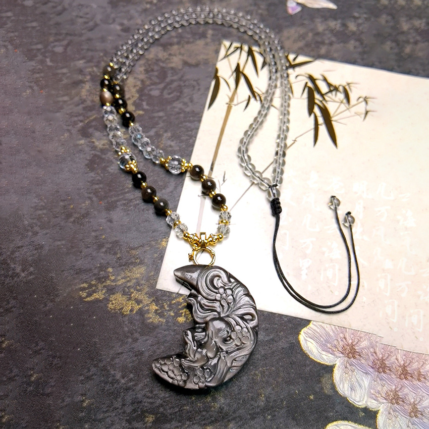 Natural Silver Obsidian Nine-tailed Fox Necklace For Men_voghion.com