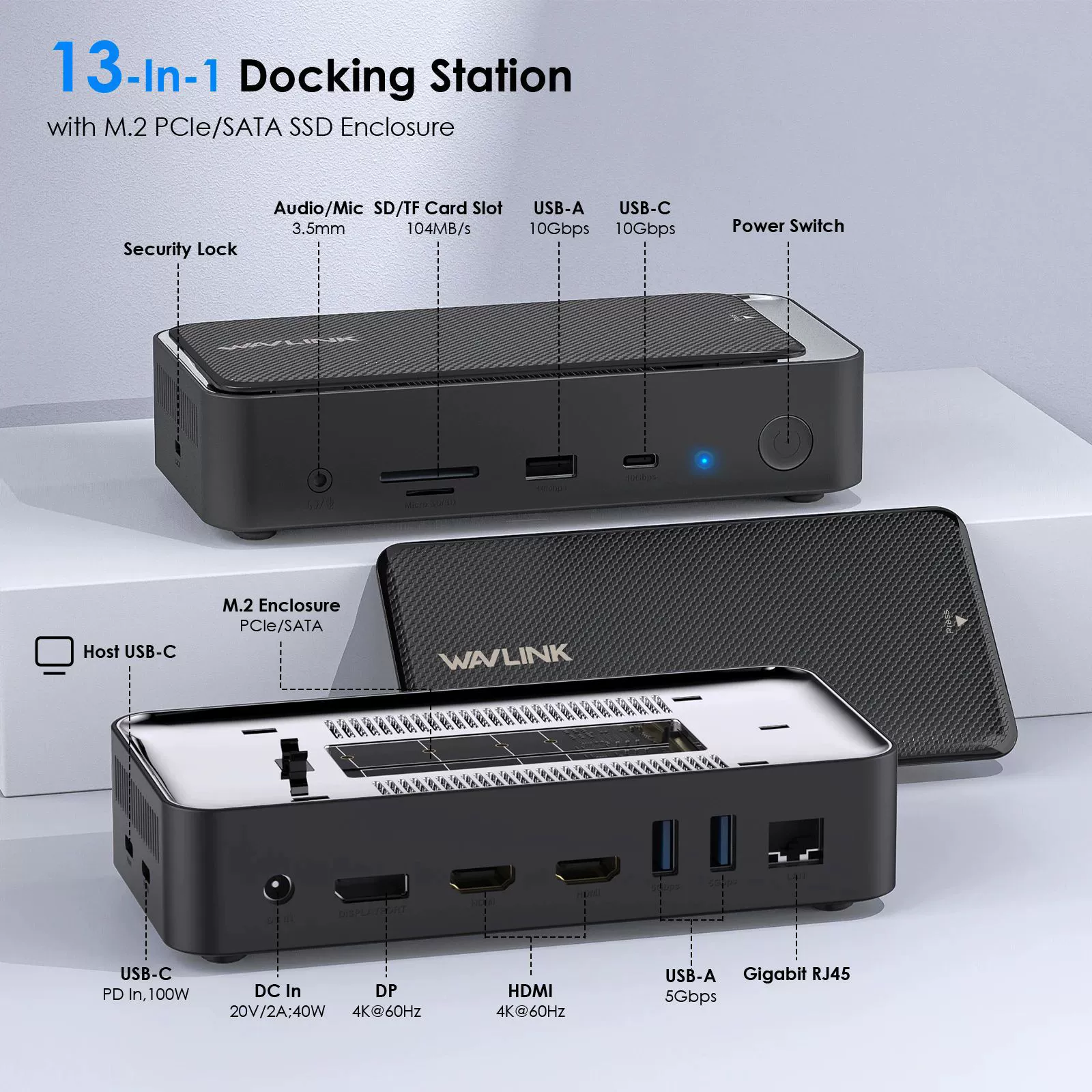 WAVLINK Гигабит RJ45 с 10Gbps M2 PCIe/SATA SSD Шкатулка 13-в-1 USB C хаб