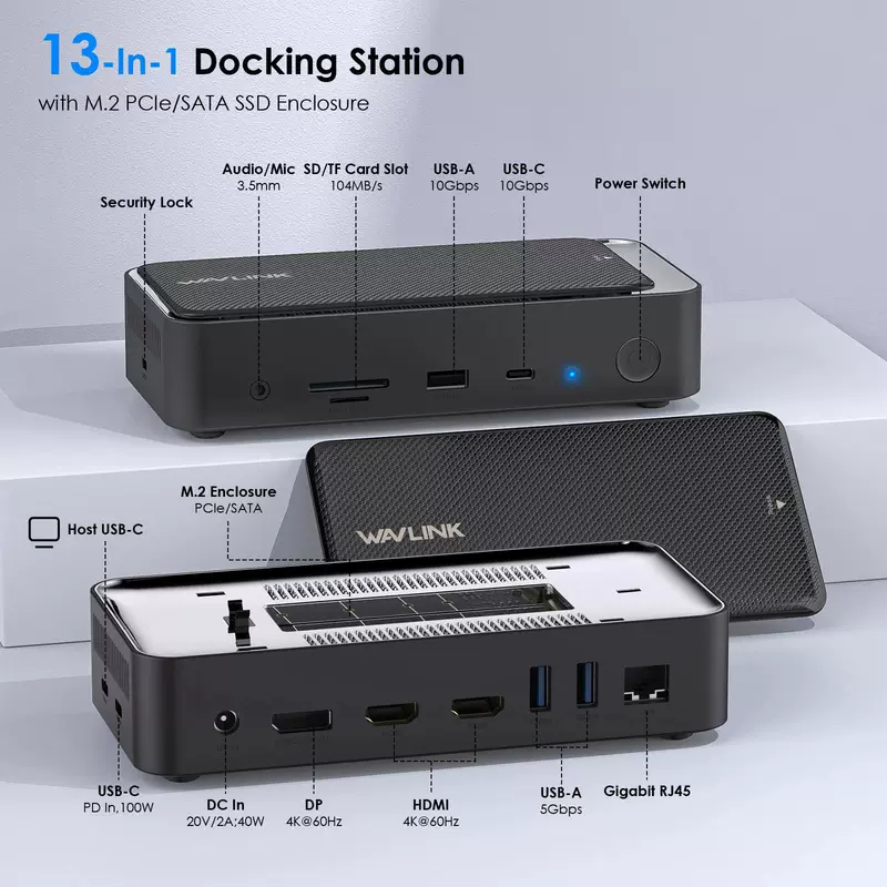 WAVLINK Гигабит RJ45 с 10Gbps M2 PCIe/SATA SSD Шкатулка 13-в-1 USB C хаб