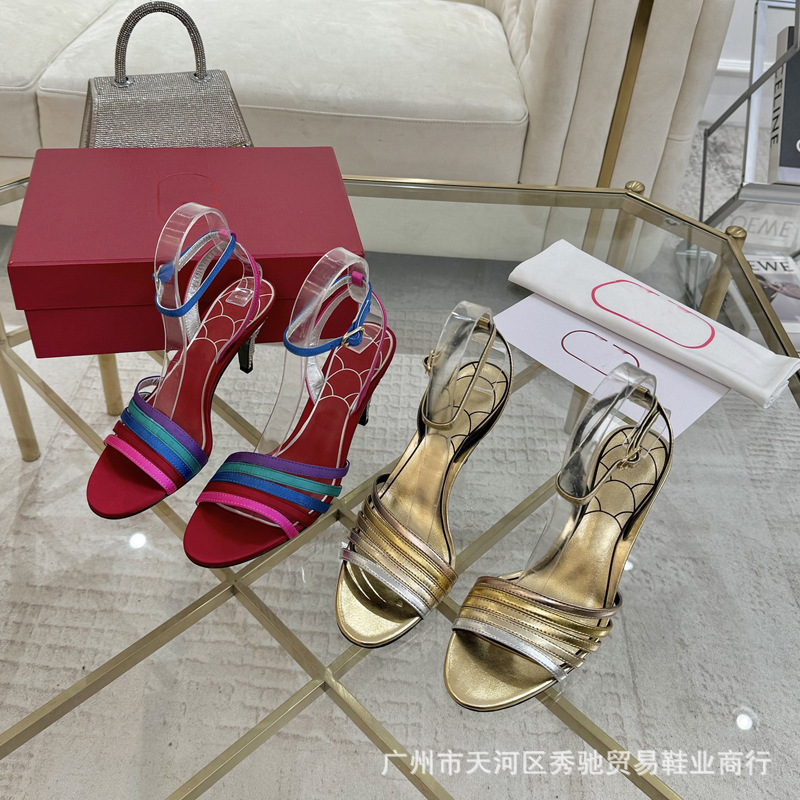 High Version 2025V Home Early Spring New Rhinestone Series Sandals Rainbow High Heel Sandals One Word Strap Open Toe Sandals