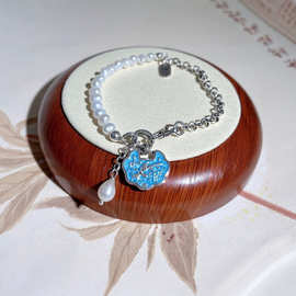 原创设计925纯银古风烧蓝平安锁手链 名族风天然珍珠流苏银手链女