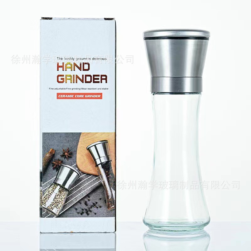Venta al por mayor manual japonés hogar de acero inoxidable molinillo de pimienta vidrio suministros de cocina artefacto tanque de condimento portátil
