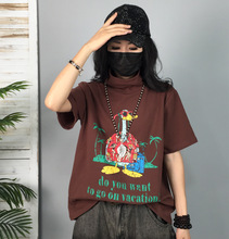 大码2022秋季新款街头个性卡通印花韩版短袖高领T恤打底衫女