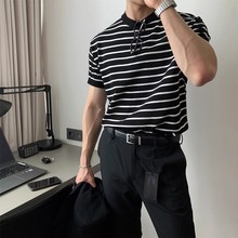 2025夏季新款男士黑白条纹上衣基础款体恤韩版宽松套头圆领短袖