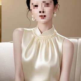 法式小香风白色缎面衬衫夏季洋气高端欧货独特无袖上衣无袖衬衫女