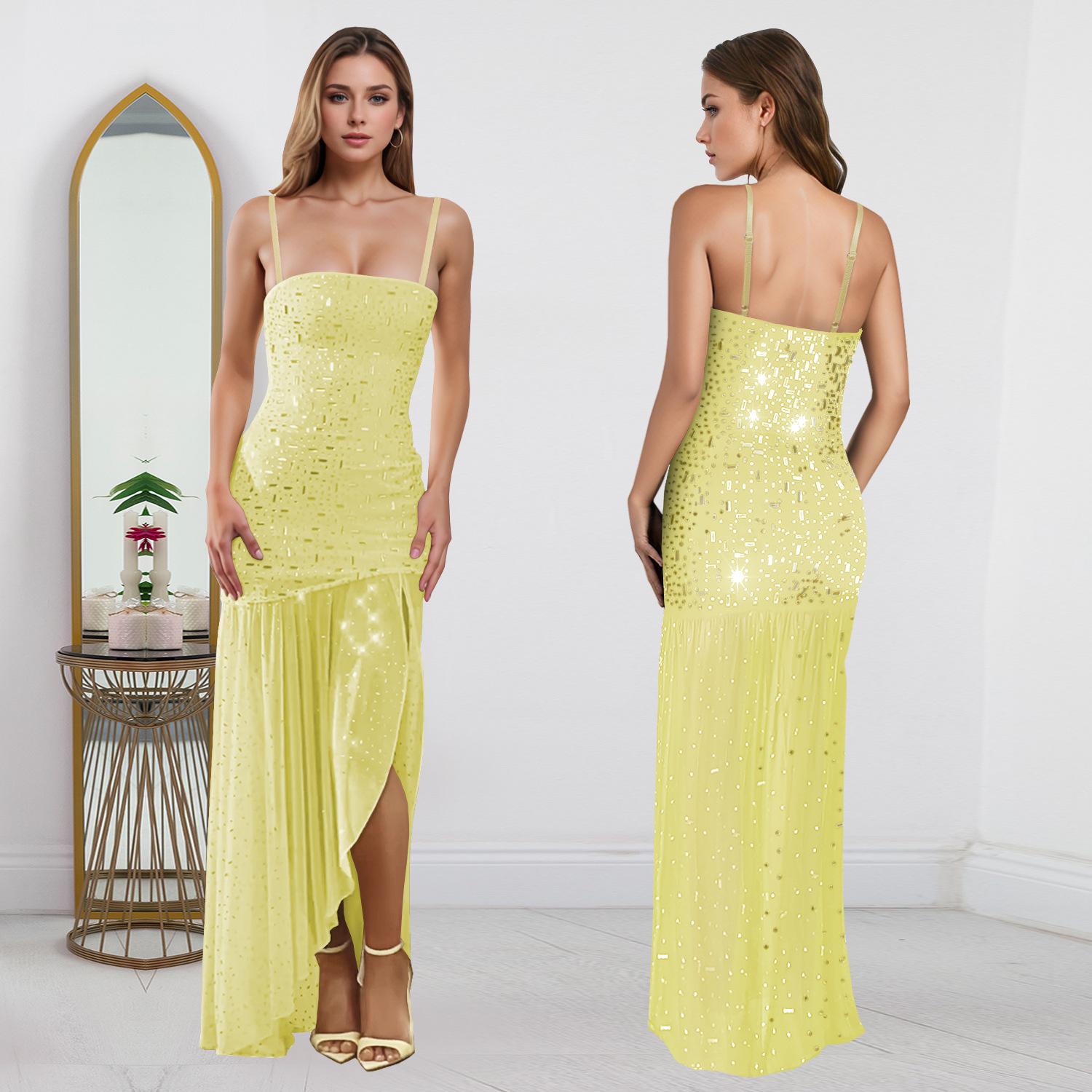 C7396 Cross-border AliExpress Amazon Moda europea y americana Vestido abierto con tirantes de diamantes calientes sexy de verano para mujer image 5