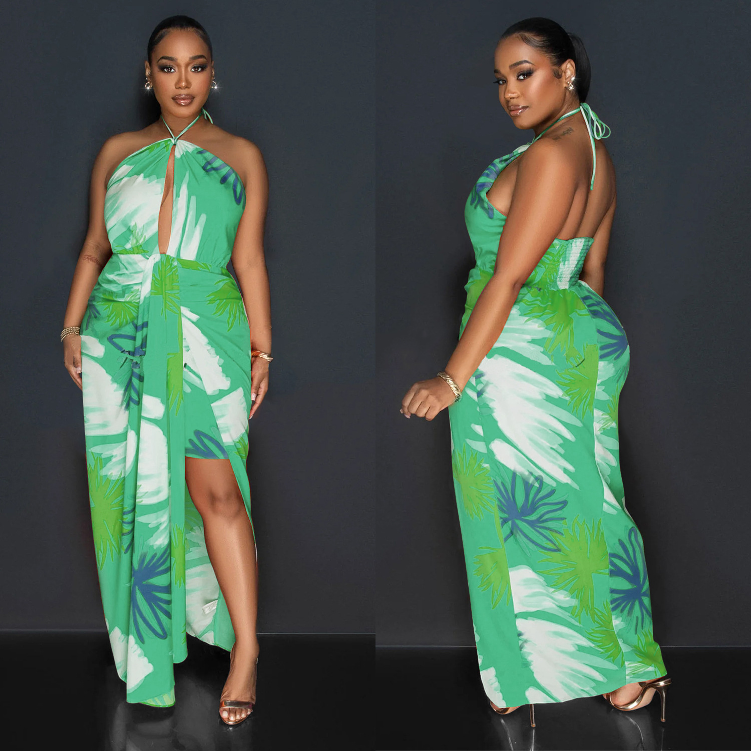 C6921 Aliexpress transfronterizo Amazon estación independiente de moda europea y americana ropa de mujer de espalda descubierta correa impresa vestido largo