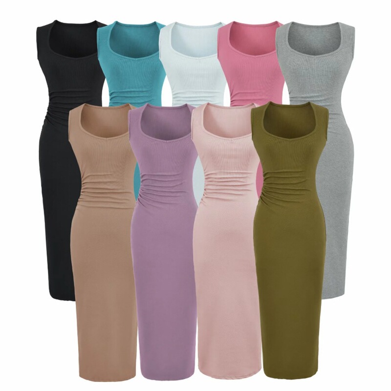 Wide Shoulder Strap Ribbed Dress for Women, 2026 Summer New American Style Spicy Girl Solid Color U-Neck Slim Fit Waist-Cinching Bodycon Dress Wide Shoulder Strap Ribbed Dress for Women, 2026 Summer New American Style Spicy Girl Solid Color U-Neck Slim Fit Waist-Cinching Bodycon Dress