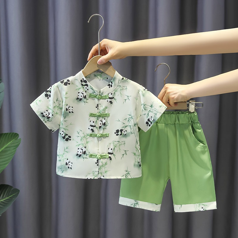 Men's Hanfu Summer Thin Casual Panda Tangzhuang Two-Piece Set Stylish Baby Birthday Dress Children's Performance Costume