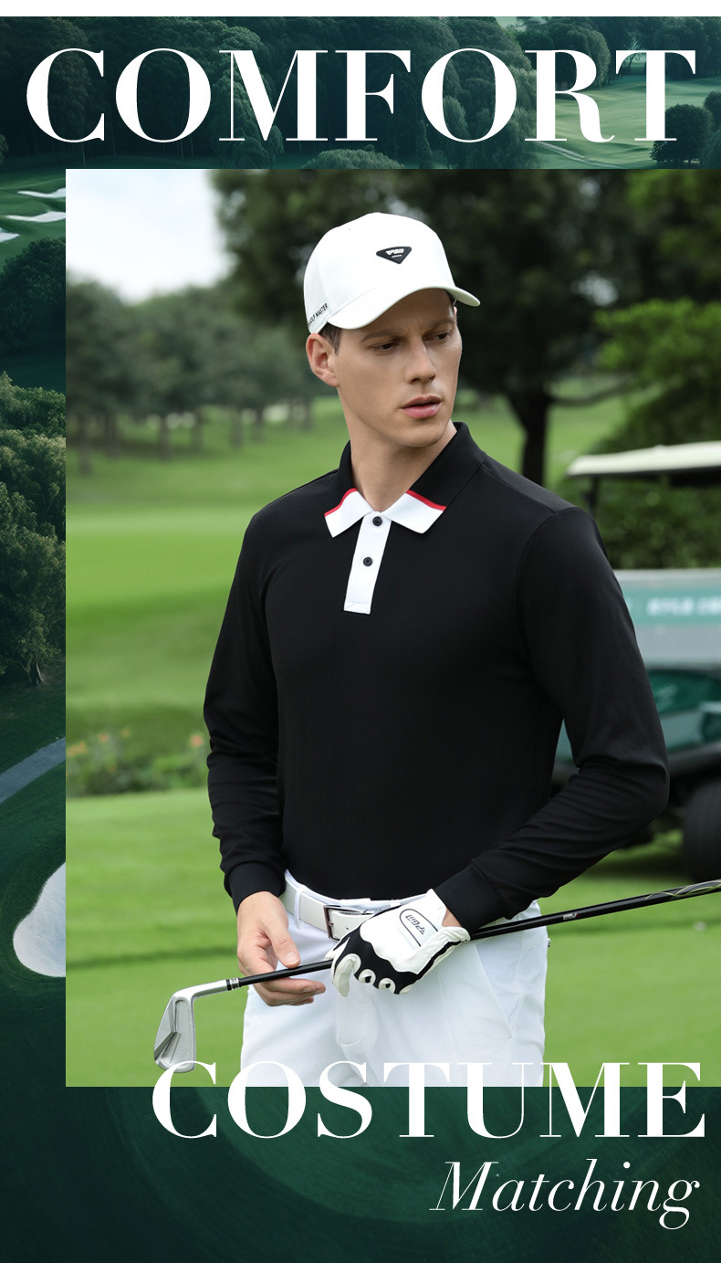 Áo polo nam dài tay golf PGM chất liệu waffle thoáng khí co giãn cao — Tay áo dài màu đen [kết cấu bánh quế/viền xẻ/độ đàn hồi cao ở mọi mặt] YF823 chi tiết 7