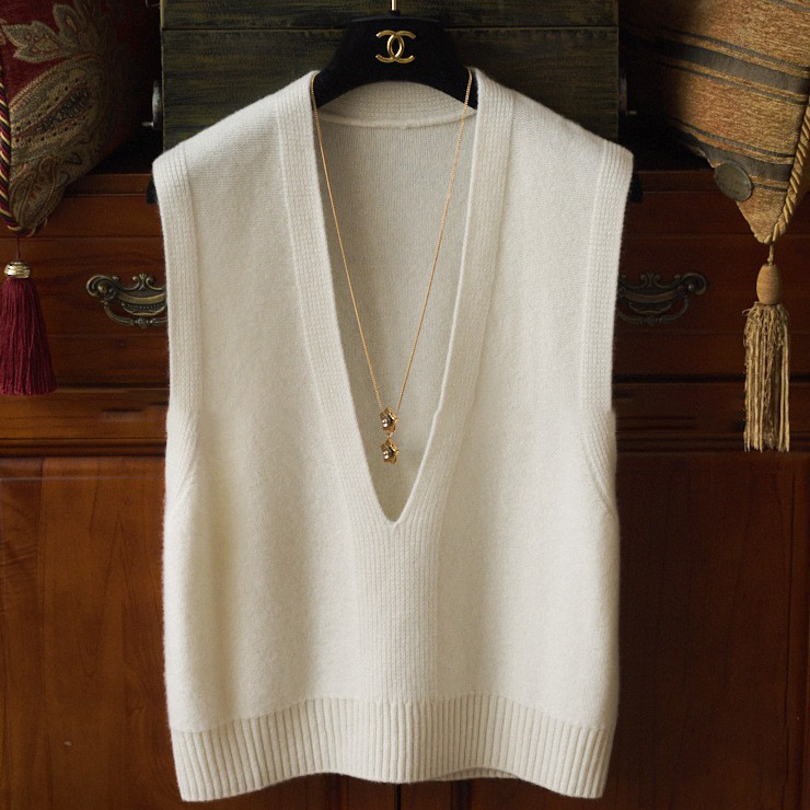 Estilo coreano suéter con cuello en V profundo Chaleco de punto de las mujeres apiladas suéter sin mangas de Cachemira chaleco desgaste exterior chaleco image 6