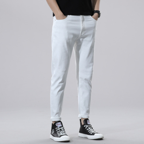 Pure white high-end jeans men's elastic slim fit men's nine-point pants fashion brand versatile physical store good supply
