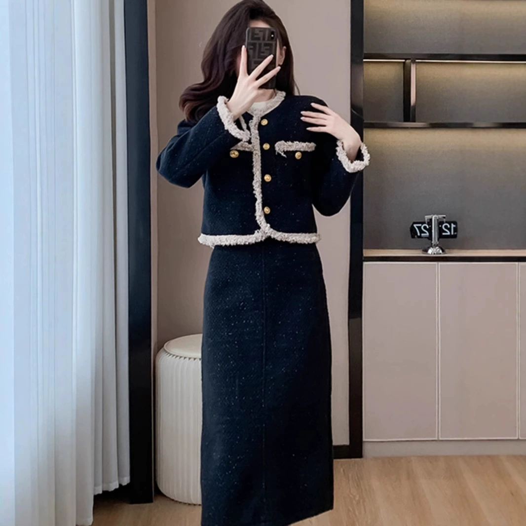 Продвинутого чувству львиного платья платье платье платье платье женское осеннее и зимнее ароматное ветерок короткая хлопковая куртка с высокой талией юбка из двух частей