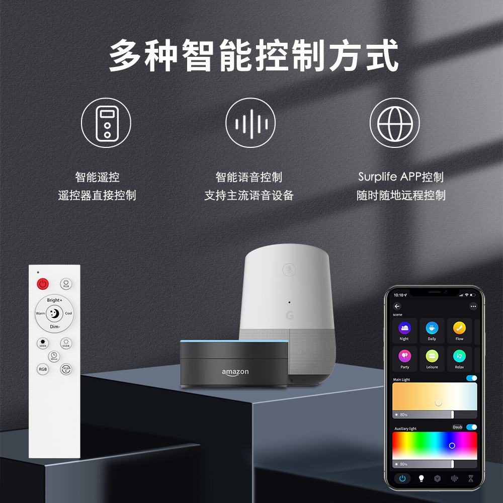 智能WIFI藍牙雙面發(fā)光五路吸頂燈led幻彩客廳燈APP超薄寬壓氛圍燈