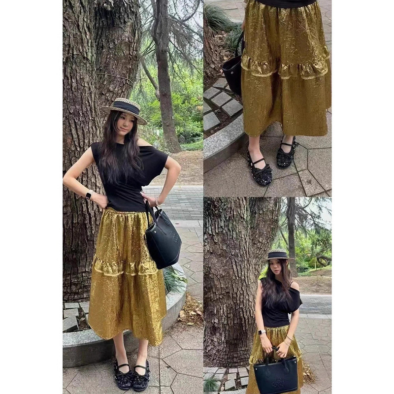Wenjiu Metallic Wrinkled Ruffle Vintage Style Long Skirt A-Line High Waist Slimming Skirt for Women 25 Autumn 7952
