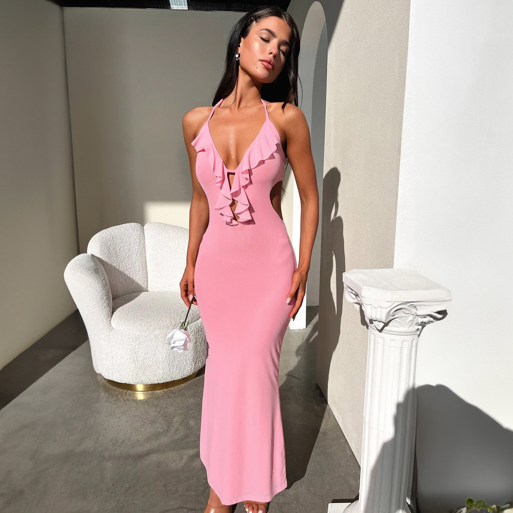 315g Weight Maxi Long Dress Dress Length Type Sleeveless Sleeve Length Strap Dress Dresses Type Spandex, Polyester Fabric Type High Waist Waist Line Holiday, Daily Occasion Halter Neck Neckline Slim Fit Type Solid Color Pattern Summer Season Women's Gender Streetwear Style Wholesale Women's Streetwear Solid Color Holiday Daily Halter Neck Sleeveless Strap Dress 15